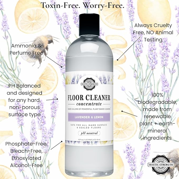 Rustic Strength Floor Cleaner Concentrate, Lavender and Lemon Scent, Plant-Based Multi-Purpose Cleaner, pH Neutral, 16 oz