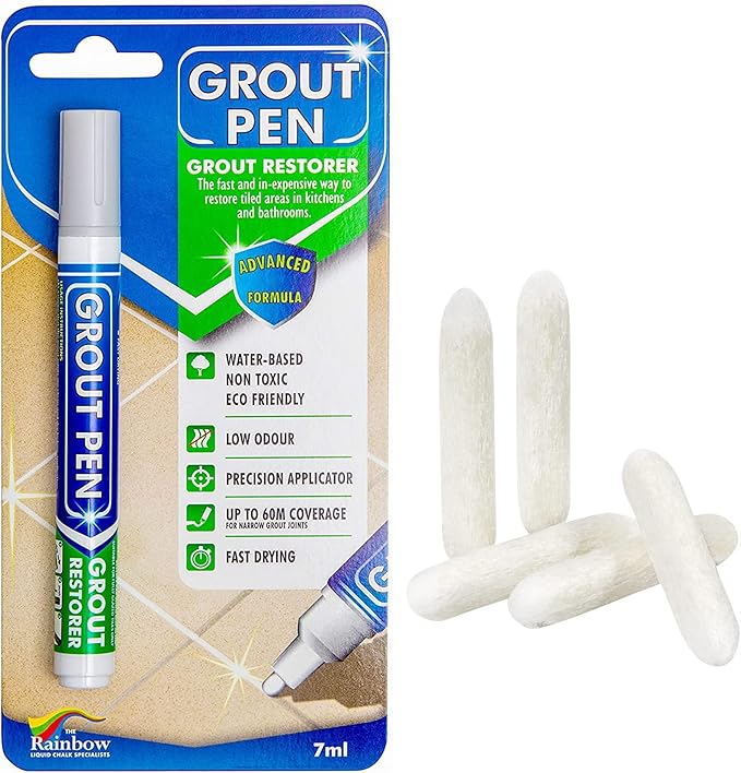 Grout Pen Tile Paint Marker: Light Grey Narrow 5mm with 5 Pack Replacement Tips - Waterproof Grout Colorant and Sealer Pen to Renew, Repair, and Refresh Tile Grout - Cleaner Coating Stain Pens