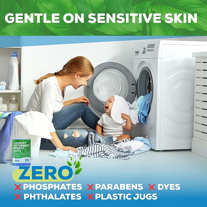 Eco Washer Sheets Detergent - 100 Loads, Zero Plastic Jugs, No Mess & Space-Saving Laundry Strips - Travel Laundry Detergent - 50 Sheets