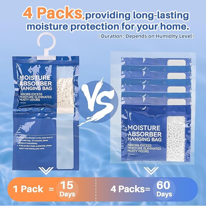 Dehumidifier Bags Hanging Moisture Absorbers - 4 Packs Dehumidifiers for Home Closet Bathroom Basement, Hanging Bag Desiccant Packs for Bedroom RV Camper, Odor Absorber Household Essentials