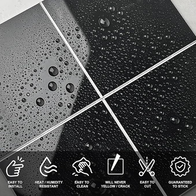 Peel and Stick Tiles for Kitchen Backsplash, New Upgrade Design 9" x9" SPC Square Marble Tiles, Glossy Black Premium Mosaic Tiles(5-Sheet)