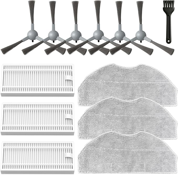 Accessories Kit for ROPVACNIC S1, for Tipdiy G90, for betboyles V75S, for VIPSUN Z1, for PrettyCare C2 Robot Vacuum Replacement Parts, 6 Side Brush, 3 HEPA Filter, 3 Mop Pad