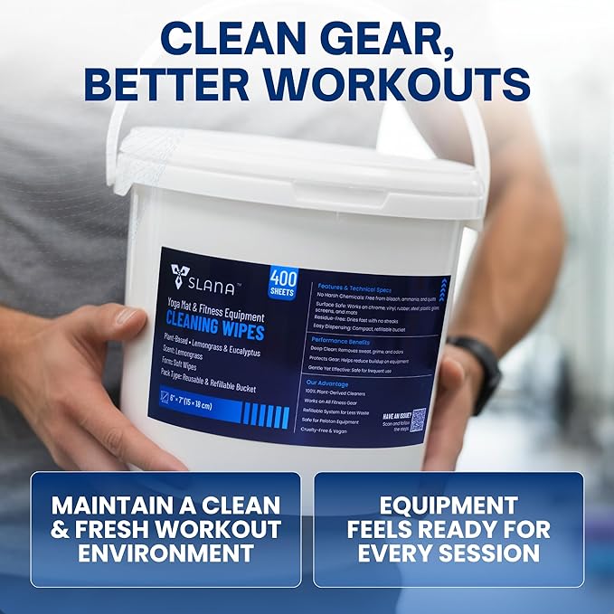 Plant-Based Gym Wipes (400 Count) – Large 6”×7” Fitness Equipment Cleaning Yoga Mat Cleaner Wipes, Lemongrass, Residue-Free, Non-Toxic, Safe for Bikes, Treadmills & Home Gyms