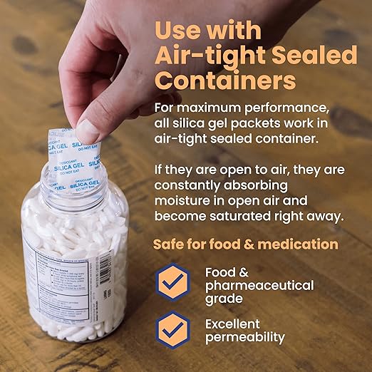 Wallaby 2 gram (50 Packets) Food Safe Pure White Silica Gel Desiccant Dehumidifier Packs - Rechargeable & Coated Moisture Absorbers - Protects Against Moisture Damage - (Packed in 10x Sets of 5)