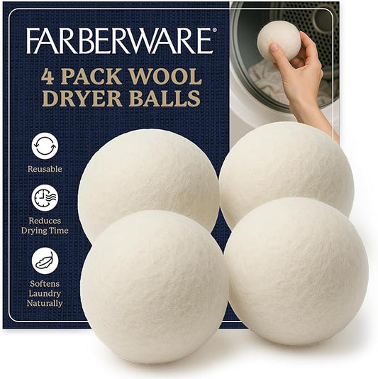 Farberware Wool Dryer Balls 4 Pack ??Reusable 100% Wool Balls for Dryer ??Natural Fabric Softener for Laundry, Towels & Bedding, Replaces Fabric Sheets & Liquid Softeners