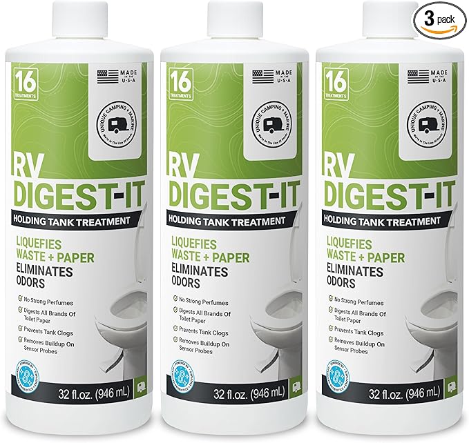 Unique RV Digest-It RV Toilet Treatment - Eliminates Odors at the Source and Liquifies Waste - 16 Uses Per Bottle 32 oz (3-Pack)