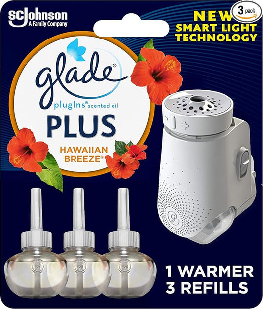 Glade PlugIns Plus Refills Air Freshener Starter Kit, Hawaiian Breeze, Scented and Essential Oils for Home and Bathroom, 0.67 Fl Oz, 1 Warmer + 3 Refills