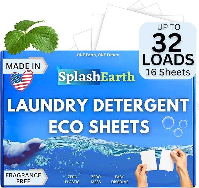 Laundry Detergent Sheets Made in USA (32 Loads, Unscented), Eco-Friendly Washer Sheets Detergent, Plastic-Free Travel Laundry Soap, 16 Strips