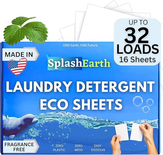 Laundry Detergent Sheets Made in USA (32 Loads, Unscented), Eco-Friendly Washer Sheets Detergent, Plastic-Free Travel Laundry Soap, 16 Strips