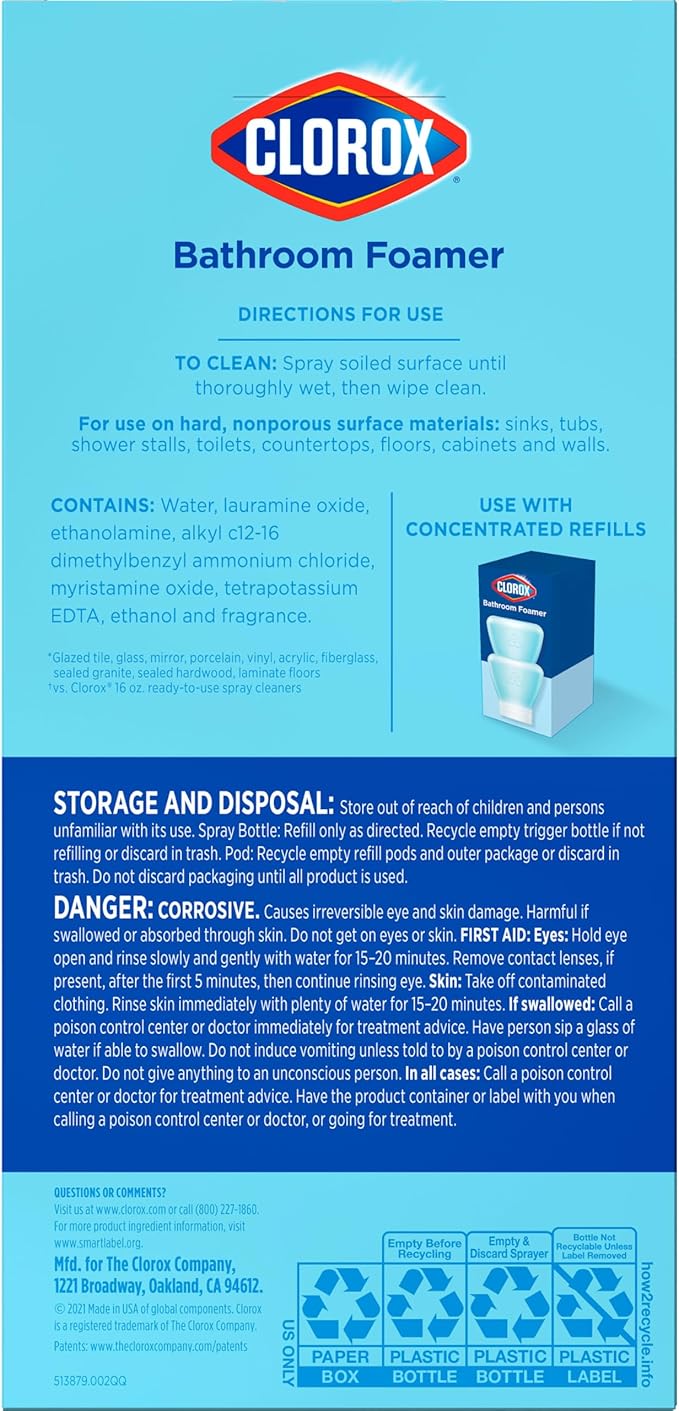 Clorox Bathroom Foamer Refillable Cleaner, Household Essentials, 1 Bottle and 1 Refill, Fresh Scent, 1.13 Fl Oz