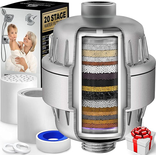 AquaHomeGroup 20 Stage Shower Head Filter with Vitamin C E A - High Output Water Filters to Reduce Chlorine - 2 Cartridges Included - Consistent Flow Showerhead Filter