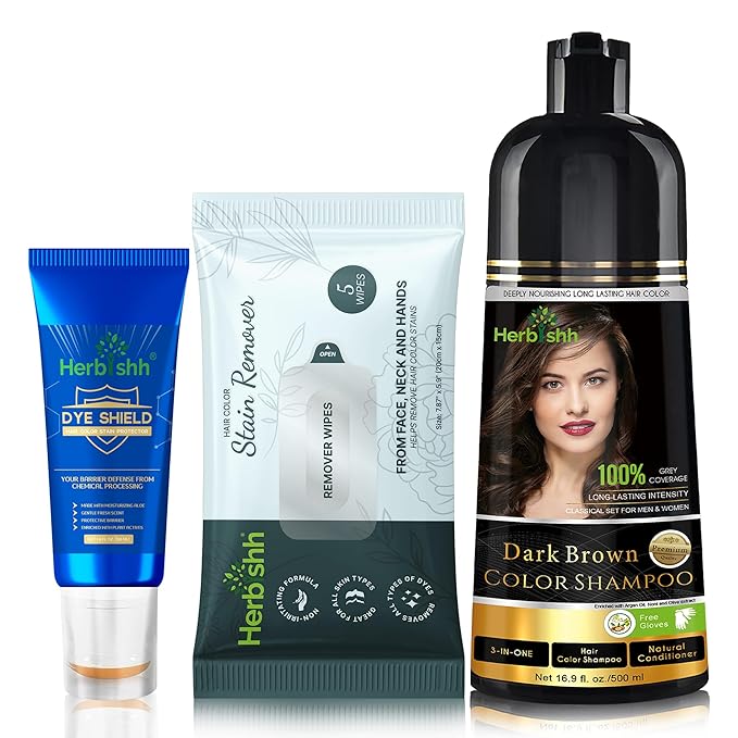 Herbishh Hair Color Shampoo for Gray Hair Dark Brown 500 ML - Dye Shield or Defender - Hair Color Stain Remover Wipes - Travel Pack With 5 Wipes