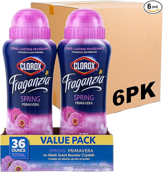Clorox Fraganzia Laundry Scent Booster Crystals, In-Wash Fragrance Beads for Fresh-Smelling Clothes & Linens, Safe for All Fabrics & Colors, Easy-Pour Bottle, Spring Scent, 36 Oz, 6 Pack