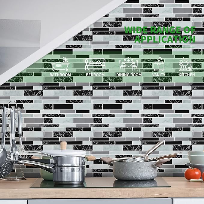 LONGKING 10-Sheet Peel and Stick Tile Backsplash, Vinyl 3D Self-Adhesive Tile Stickers for Kitchen, Bathroom, Counter Top, Marble 79