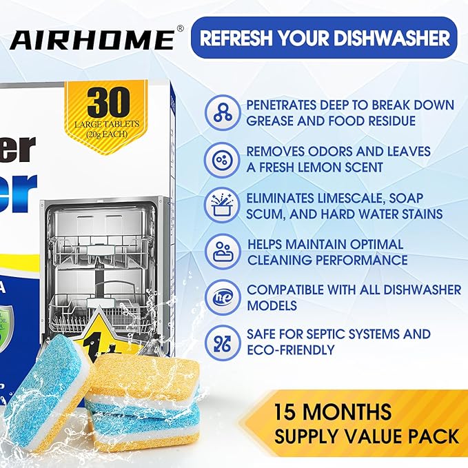 Dishwasher Cleaner Tablets,20g 30-Count Deodorizing Pods (15-Month Supply) - Heavy-Duty Descaler Removes Limescale, Minerals, Grease & Odors, Lemon Scent
