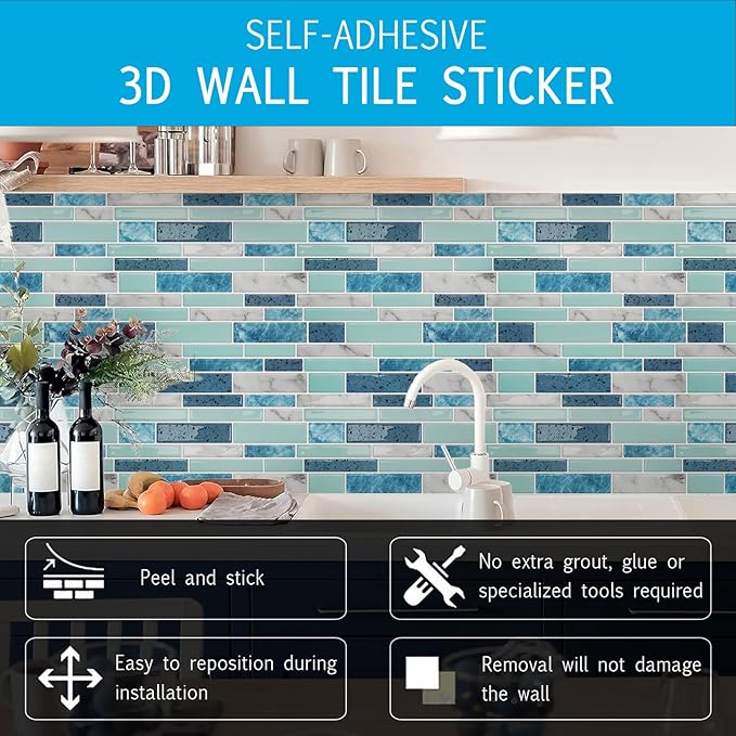 Vamos Tile 10 Sheets Peel and Stick Tile Backsplash, 12"x12" Light Color Stick on Wall Tiles, Self Adhesive Tile Sticker for Kitchen Backsplash and Bathroom(Blue Marble Look)