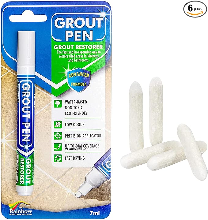 Grout Pen Tile Paint Marker: White Narrow 5mm with 5 Pack Replacement Tips - Waterproof Grout Colorant and Sealer Pen to Renew, Repair, and Refresh Tile Grout - Cleaner Coating Stain Pens