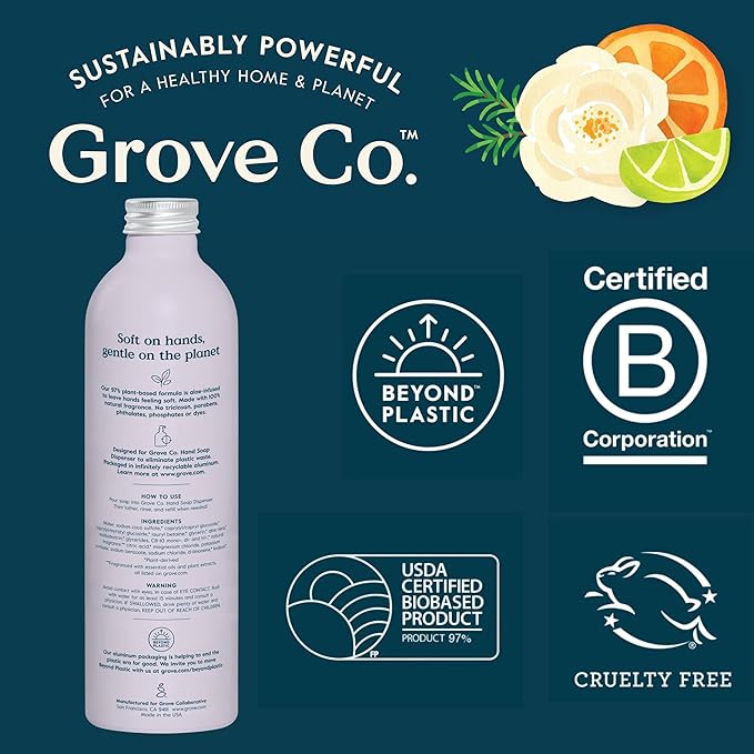 Grove Co. Hydrating Gel Hand Soap Refills (2 x 13 Fl Oz) + 1 x Reusable Glass Soap Dispenser, Plastic-Free & Liquid Refillable Starter Kit, Natural Lavender Blossom & Thyme Fragrance