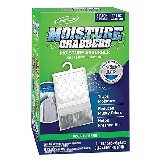 Concrobium Moisture Grabbers, 3-Pack 17.5 oz Bags (Fragrance-Free) — Powerful Moisture Absorber with Anti-Leak Gel, Covers Up to 350 cu ft, Eliminates Musty Odors for Fresher Air