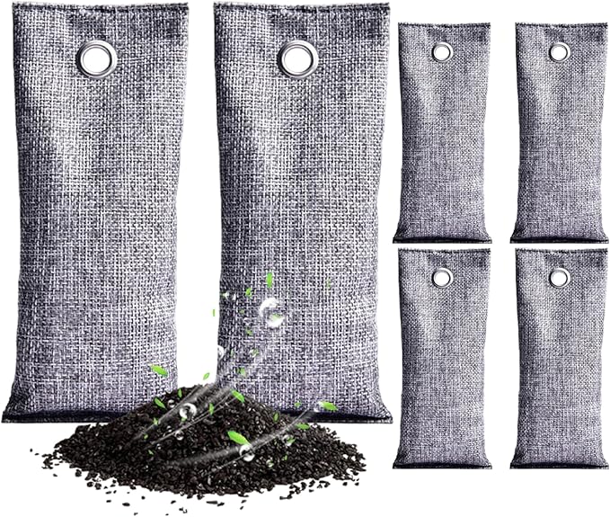 Activated Charcoal Odor Absorber 6Pcs 7x3 Inch Cotton Bamboo Charcoal Bags with Hanging Hole for Shoes