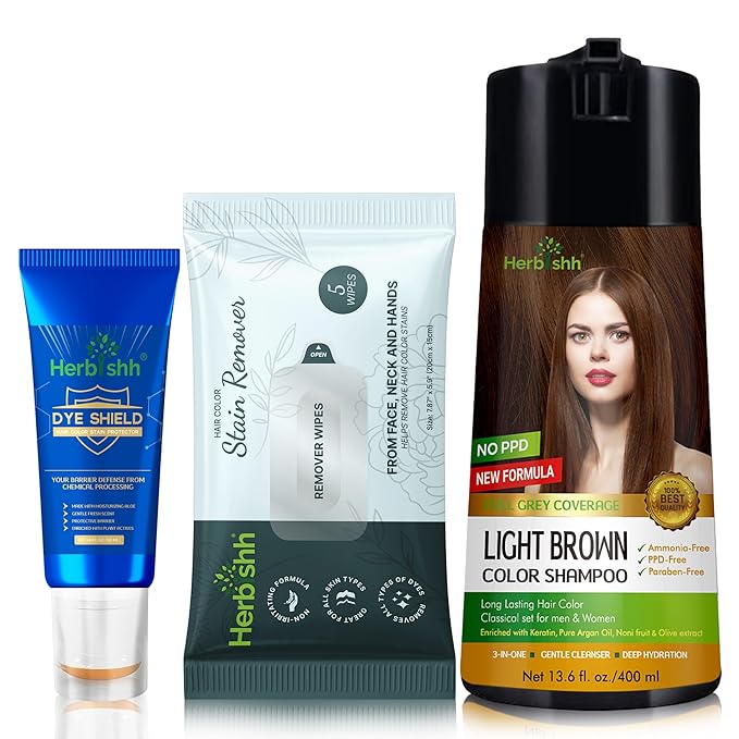 Herbishh Hair Color Shampoo for Gray Hair Light Brown 400 ML - Dye Shield or Defender - Hair Color Stain Remover Wipes - Travel Pack With 5 Wipes