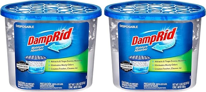 Damp Rid Moisture Absorber & Odor Remover with Activated Charcoal 2 Pack –Humidity Absorber for Home, Bathroom & Basement, 10.5 oz Disposable Buckets, – Ilios Packaging