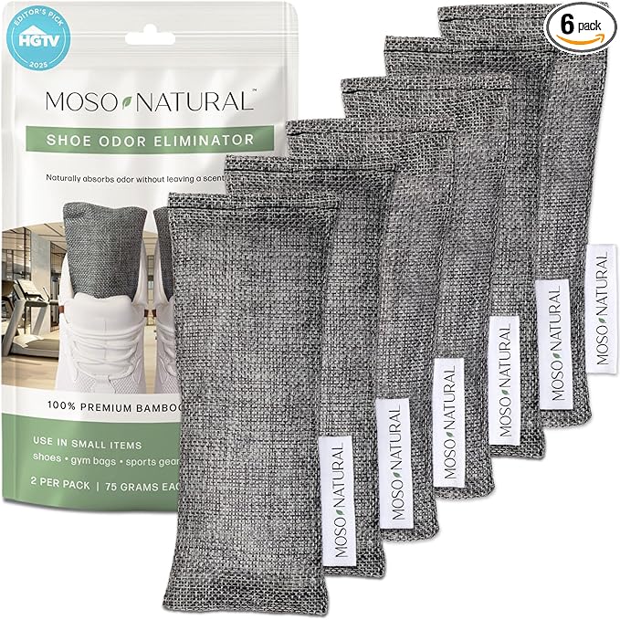 Moso Natural Shoe Deodorizer Insert (3 Pack) Charcoal Odor Absorber for Shoes, Gym Bag & Boot Deodorizer, Long-Lasting Shoe Odor Elimination, Unscented Air Purifying Bags (Two Per Pack. 6 Total)