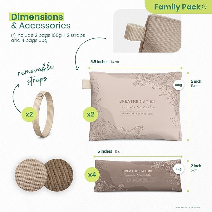 Roonin Bamboo Charcoal Bags Odor Absorber (6-Pack), Natural Air Purifier & Pet Safe Deodorizer for Home, Car and Closet - Odor Remover for Strong Smells