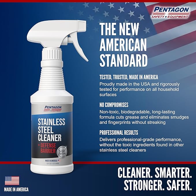 PENTAGON SAFETY EQUIPMENT Stainless Steel Cleaner (32oz) – Non-Toxic, Streak-Free & Alcohol-Free | 5 Day Protection | Removes Fingerprints | Made in USA