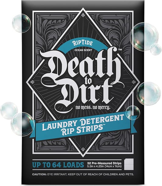 Death to Dirt Laundry Detergent Sheets, 64 Loads, Tough on Stains and Odors, Gentle on Skin and Fabric, Plant-Based & Eco-Friendly, RipTide Ocean Scent, 32ct
