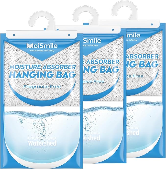 Hanging Moisture Absorbers 3 Pack Net Wt. 17.5oz/Pack, Fragrance Free Closet Dehumidifier Bags, Odor Eliminator & Humidity Absorber, Humidity Packs for Bathroom, Bedroom, Basement, Car, RV & Boat