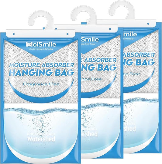 Hanging Moisture Absorbers 3 Pack Net Wt. 17.5oz/Pack, Fragrance Free Closet Dehumidifier Bags, Odor Eliminator & Humidity Absorber, Humidity Packs for Bathroom, Bedroom, Basement, Car, RV & Boat