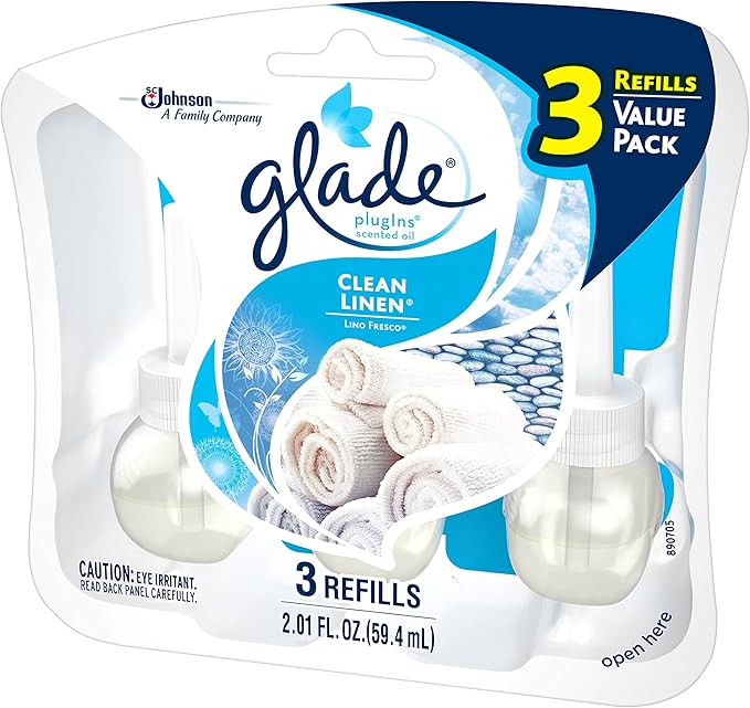 Glade PlugIns Refills Air Freshener Starter Kit, Scented and Essential Oils for Home and Bathroom, Clean Linen, 4.02 Fl Oz, 2 Warmers + 6 Refills