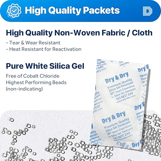 Dry & Dry 100 Gram [200 Packets] Silica Gel Packets Desiccants, Silica Packets - Rechargeable Moisture Absorbers for Food Storage, Electronics, 3D Filament & Safes