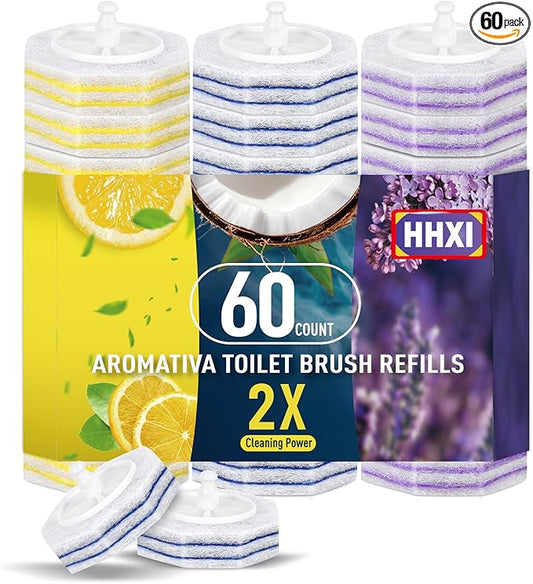 60Ct Aromative Toilet Brush Refills, Toilet Bowl Cleaner Refills, Double-Layer Cleaning Pads Added, Disposable Refill Heads for Toilet Bowl Cleaner Wands, Bulk （Patented）