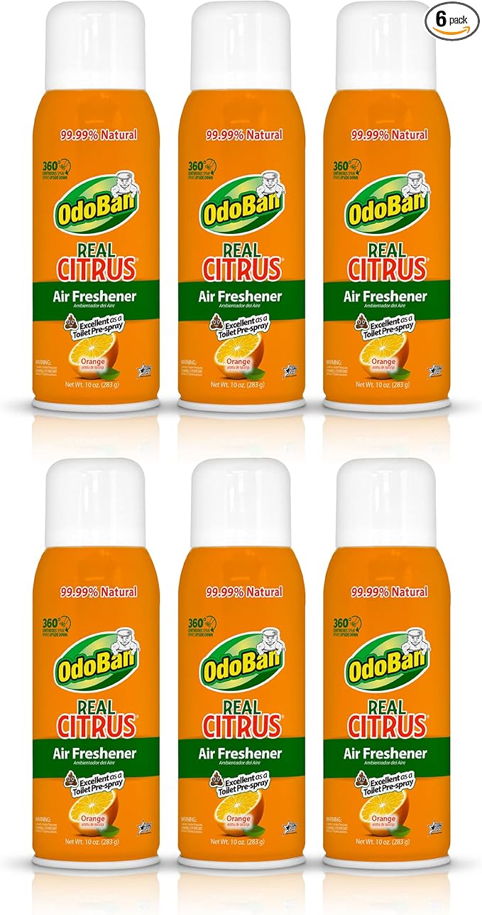OdoBan Aroma Eliminator, 360-Degree Continuous Spray Natural Oil Real Citrus Air Freshener, Toilet Spray, 6-Pack, 10 Ounces Each, Orange Scent