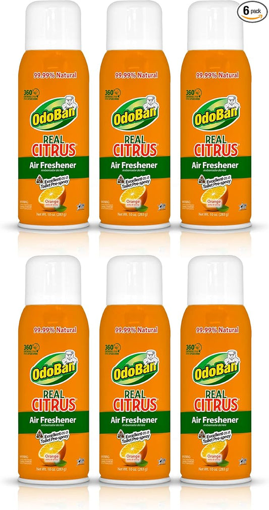 OdoBan Aroma Eliminator, 360-Degree Continuous Spray Natural Oil Real Citrus Air Freshener, Toilet Spray, 6-Pack, 10 Ounces Each, Orange Scent