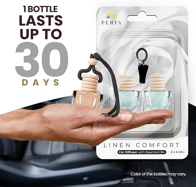 Car Air Fresheners for Men and Women - Linen Comfort | Pack of 2 Car Scents Air Freshener | 4ml Odour Eliminator Diffuser with Essential Oils | Air Fresheners Vent Clip Included by Perfa