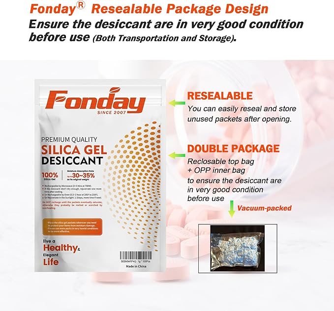 5g x 100 Packs Fonday Food Grade Silica Gel Desiccants Packs Moisture Absorbers Dehumidifier for Food Storage, Electronics, 3D Filament & Safes