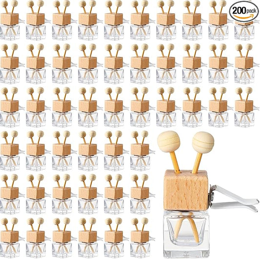 Zubebe 200 Pcs Car Diffuser Bottles Empty Bulk Vent Clip Car Air Freshener Diffuser for Essential Oil Perfume Glass Bottle with Wooden Caps Stick Fragrance Ornament (Clear)