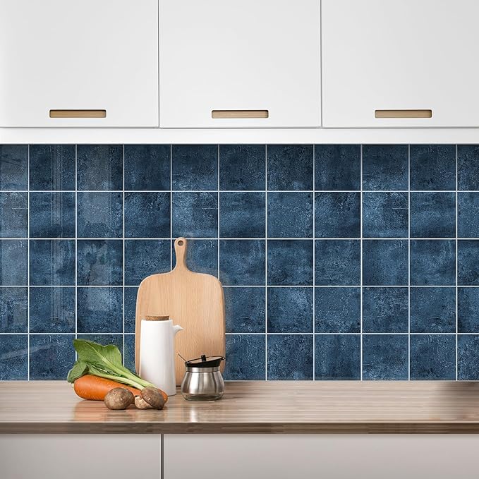 Peel and Stick Tiles for Kitchen Backsplash, New Upgrade Design 9" x9"SPC Square Marble Tiles, Marble Blue Premium Mosaic Tiles,(5-Sheet)