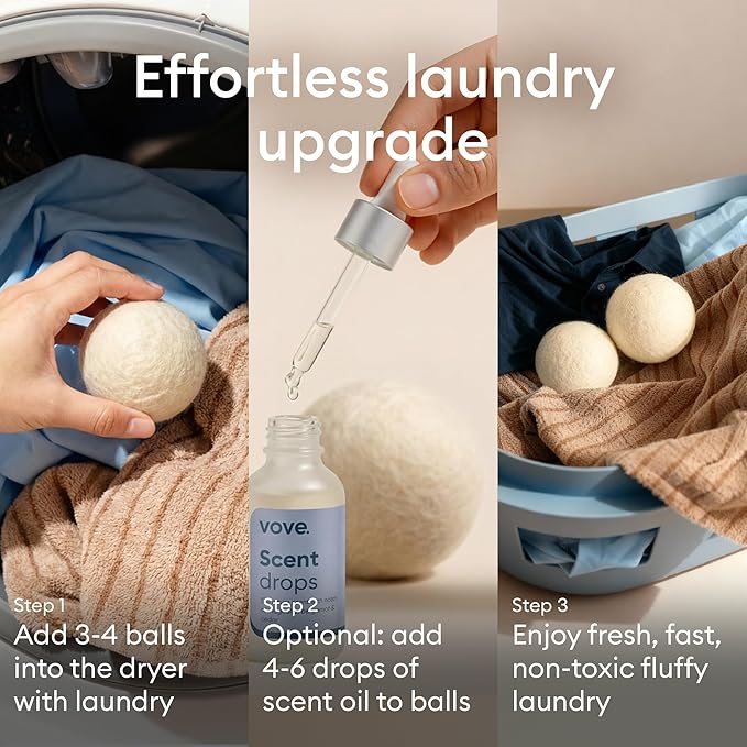 Vove Natural Hemp Dryer Balls Kit with Scent Drops - 4 Pack & Essential Oil Blend - 5X More Absorbent Than Wool - Natural Softener, Reduces Wrinkles and Static, Customizable Fresh Scent, Reusable
