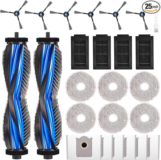 25 Pack Accessories for ECOVACS DEEBOT T50 PRO Omni / T50 PRO Omni Gen2 /T50 Omni Robot Vacuum, Replacement 2 Anti Tangle Main Brush 6 Mop Pads 6 Dust Bag 6 Sidebrush 4 Filter 1 Cleaning Brush