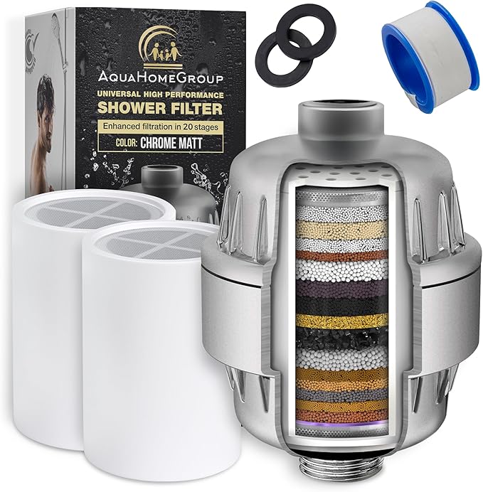 AquaHomeGroup 20 Stage Shower Head Filter with Vitamin C E A - High Output Water Filters to Reduce Chlorine - 2 Cartridges Included - Consistent Flow Showerhead Filter