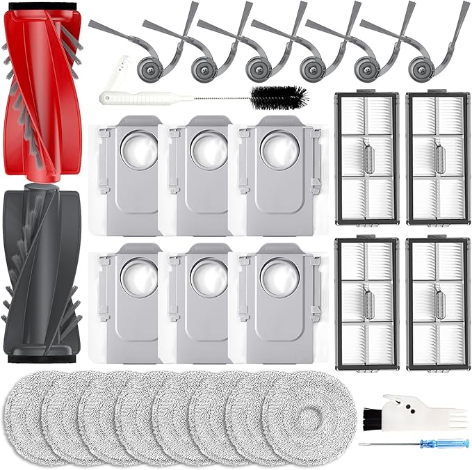29PCS SAROS 10R Accessories Sets for Roborock SAROS 10R/Qrevo CurvX/Qrevo Curv 2 Pro Robot Vacuum, Qrevo CurvX Replacements Kits: 2 Roller Brushes, 8 Mop Pads, 4 Filters, 6 Dust Bags, 6 Side Brushes