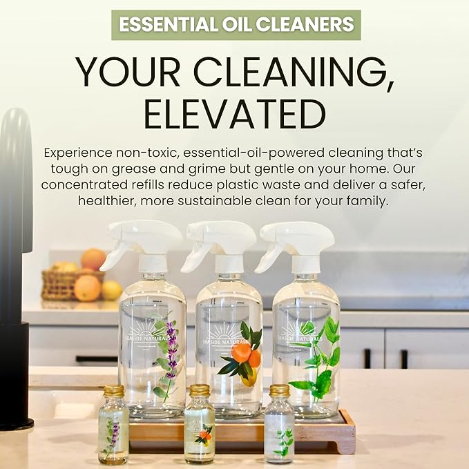 Start Up Kit – Plant-Based All-Purpose, Glass & Bathroom Cleaners (Glass Bottles, Sprayers & Concentrates, Essential Oils: Eucalyptus, Lavender, Tea Tree, Peppermint, Citrus) Kid & Pet Safe, Non-Toxic