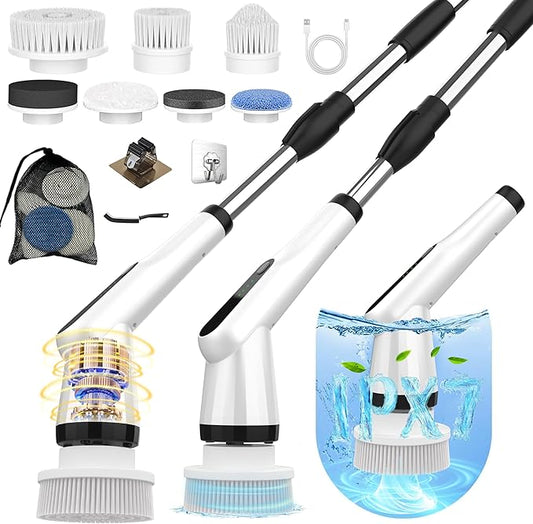 Electric Spin Scrubber, Dreazu IPX7 Shower Scrubber with 7 Replaceable Brush Heads & Retractable Handle, 2-Speed Adjustable Shower Cleaner for Bathroom,Toilet, Bathtub, Kitchen, Tile Floors