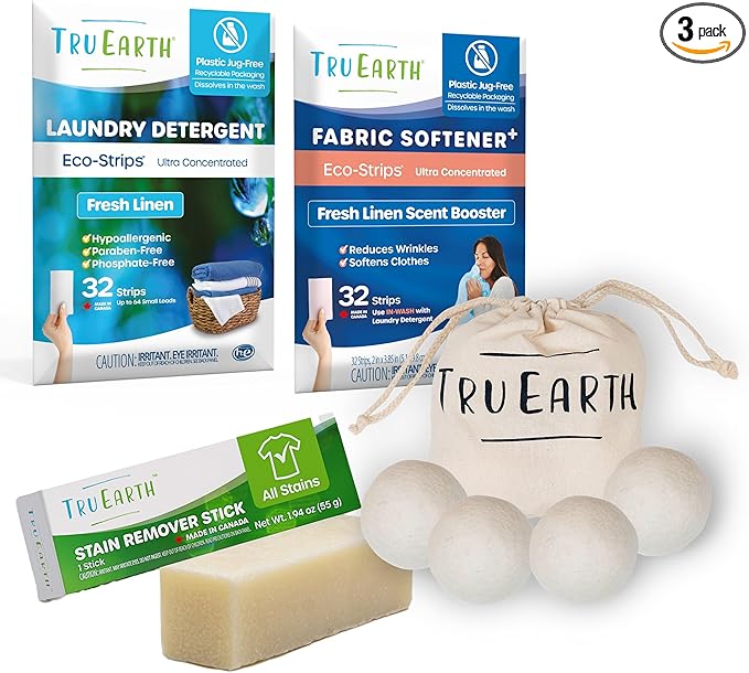 Tru Earth Laundry Essentials Bundle - Laundry Detergent Bundles Set with Fabric Softener, Laundry Sheets, Stain Remover Stick and Dryer Balls - Fresh Linen