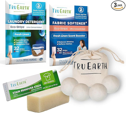 Tru Earth Laundry Essentials Bundle - Laundry Detergent Bundles Set with Fabric Softener, Laundry Sheets, Stain Remover Stick and Dryer Balls - Fresh Linen