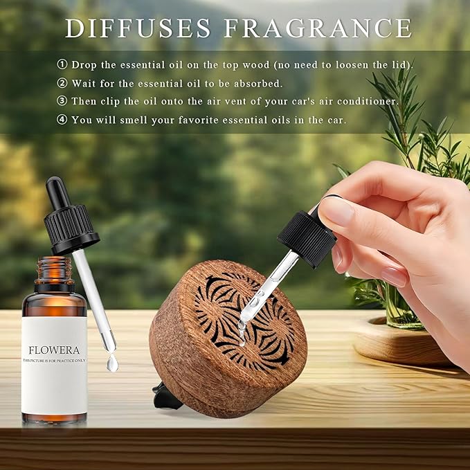2 PCS Wood Car Essential Oil Diffuser, Wooden Aromatherapy Essential Oils Diffuser with Vent Clip, Wood Vent Clip Air Freshener for Vehicle Office Home Bedroom (Lucky Stamen)